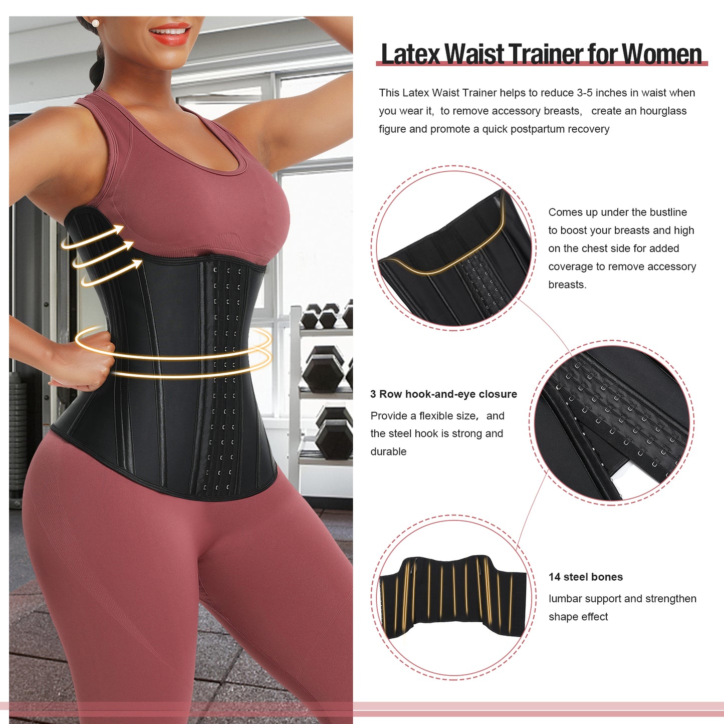 Black Latex Tummy Control Waist Trainer 14 Steel Bones Lose Weight