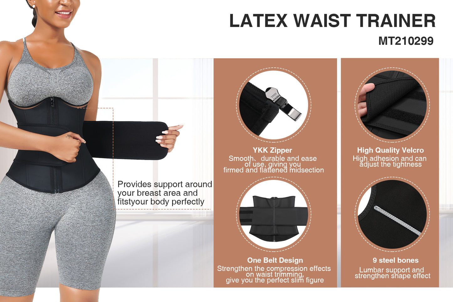 Black Bust Support Latex Waist Trainer With Belt Firm Control